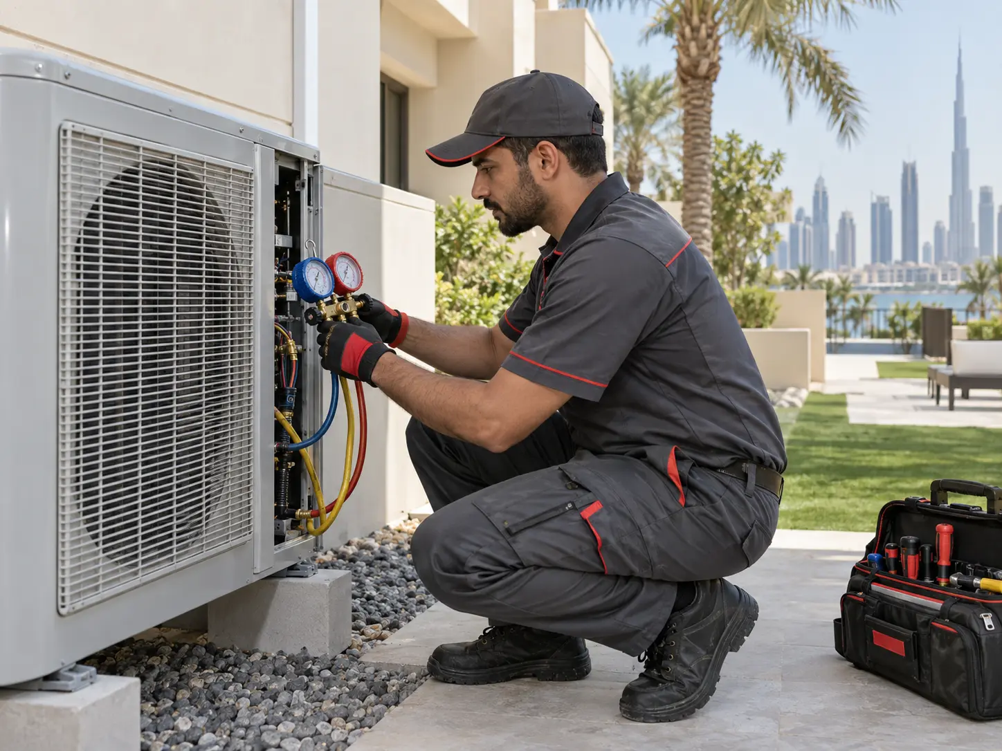 AC repair technician diagnosing an air-conditioning system in Dubai