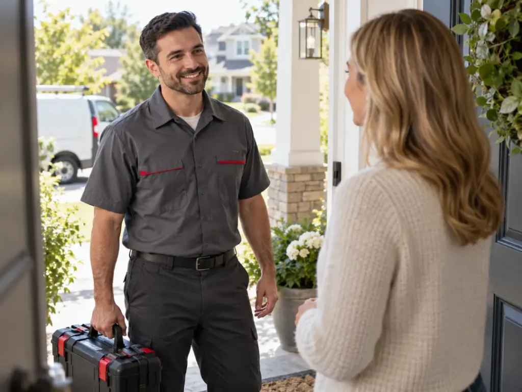 Professional appliance technician arriving at a customer home