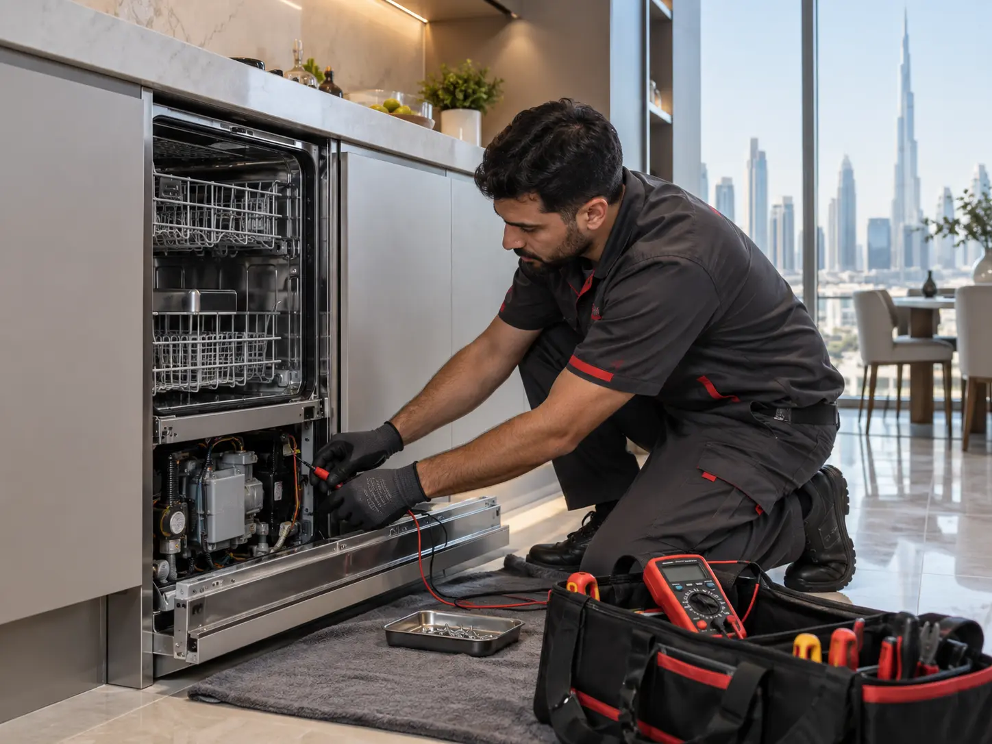 Dishwasher repair technician inspecting a kitchen appliance in Dubai