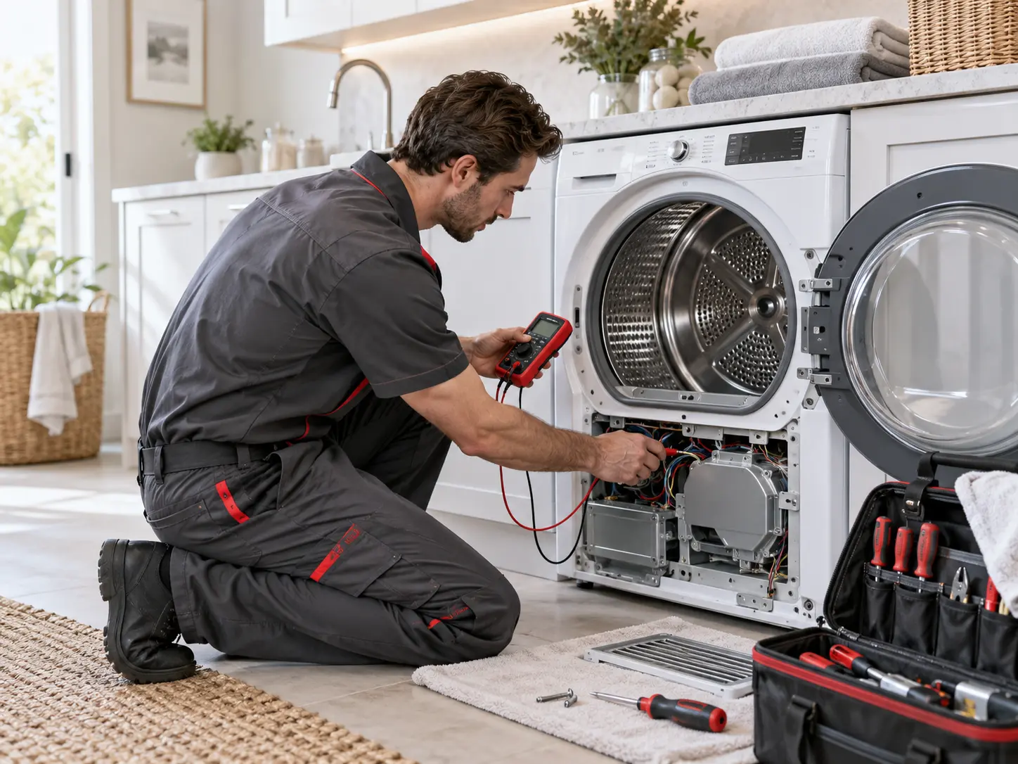 Dryer repair technician diagnosing a laundry appliance in Dubai