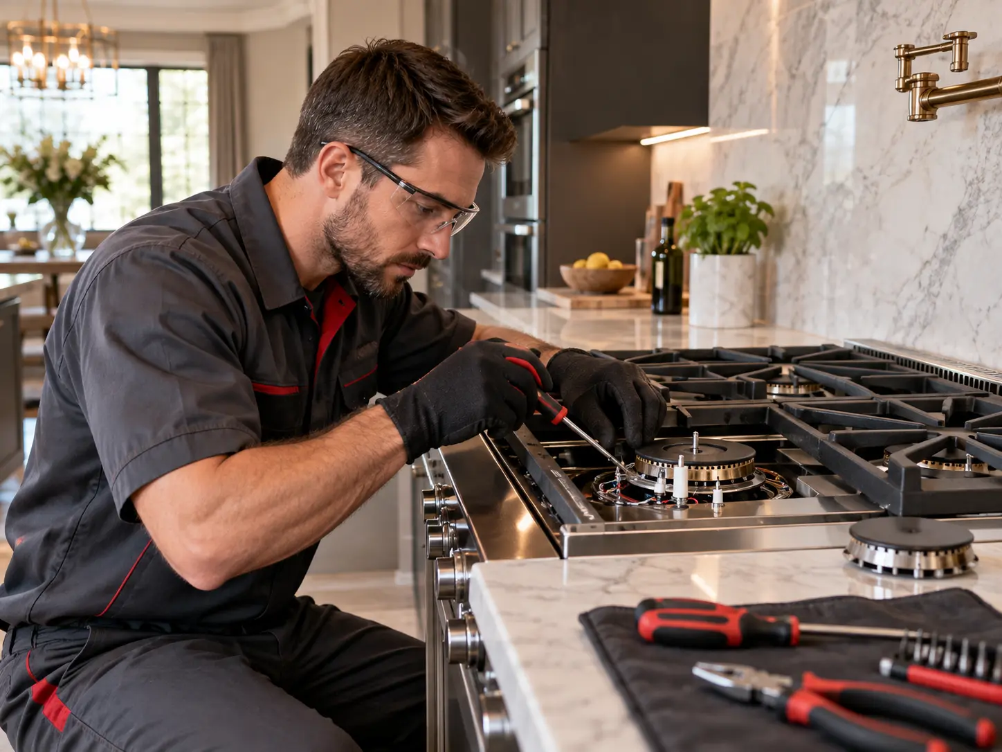Gas stove repair technician checking ignition and flame concerns in Dubai