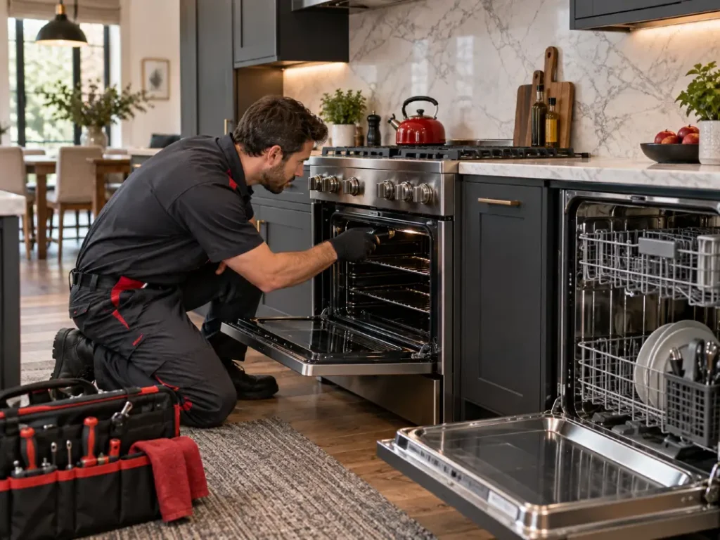 Technician repairing kitchen appliances in Dubai