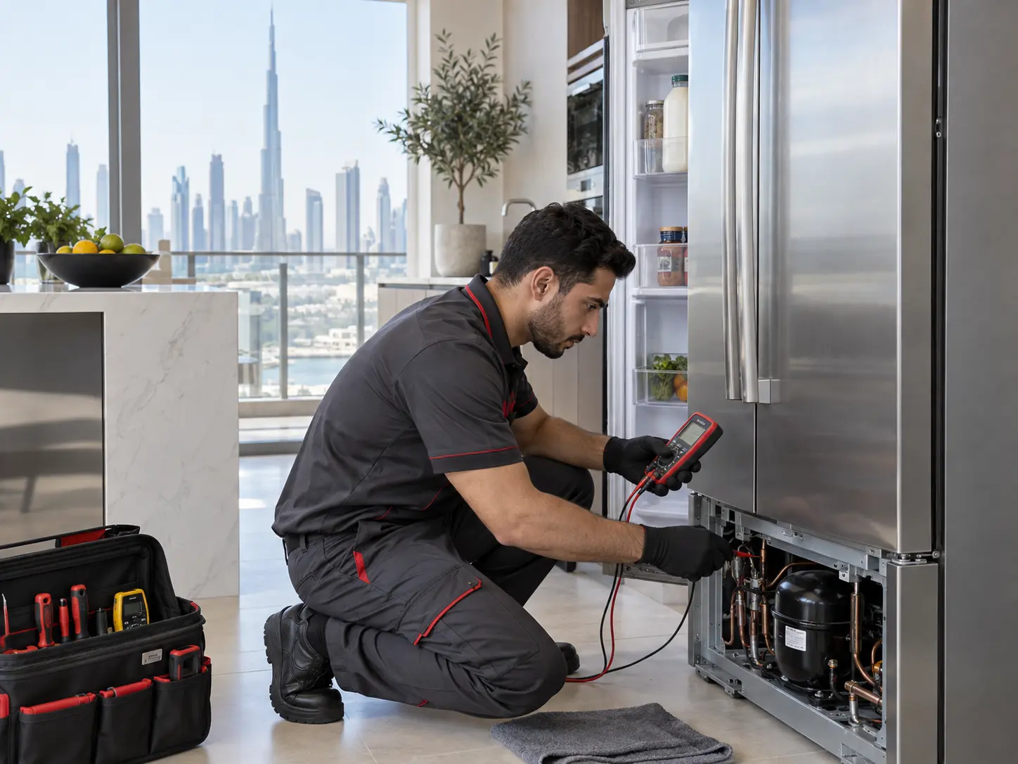 Refrigerator repair technician performing cooling diagnostics in Dubai