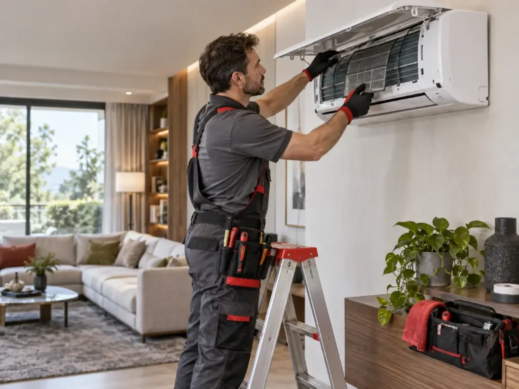 Technician servicing a residential split air conditioner