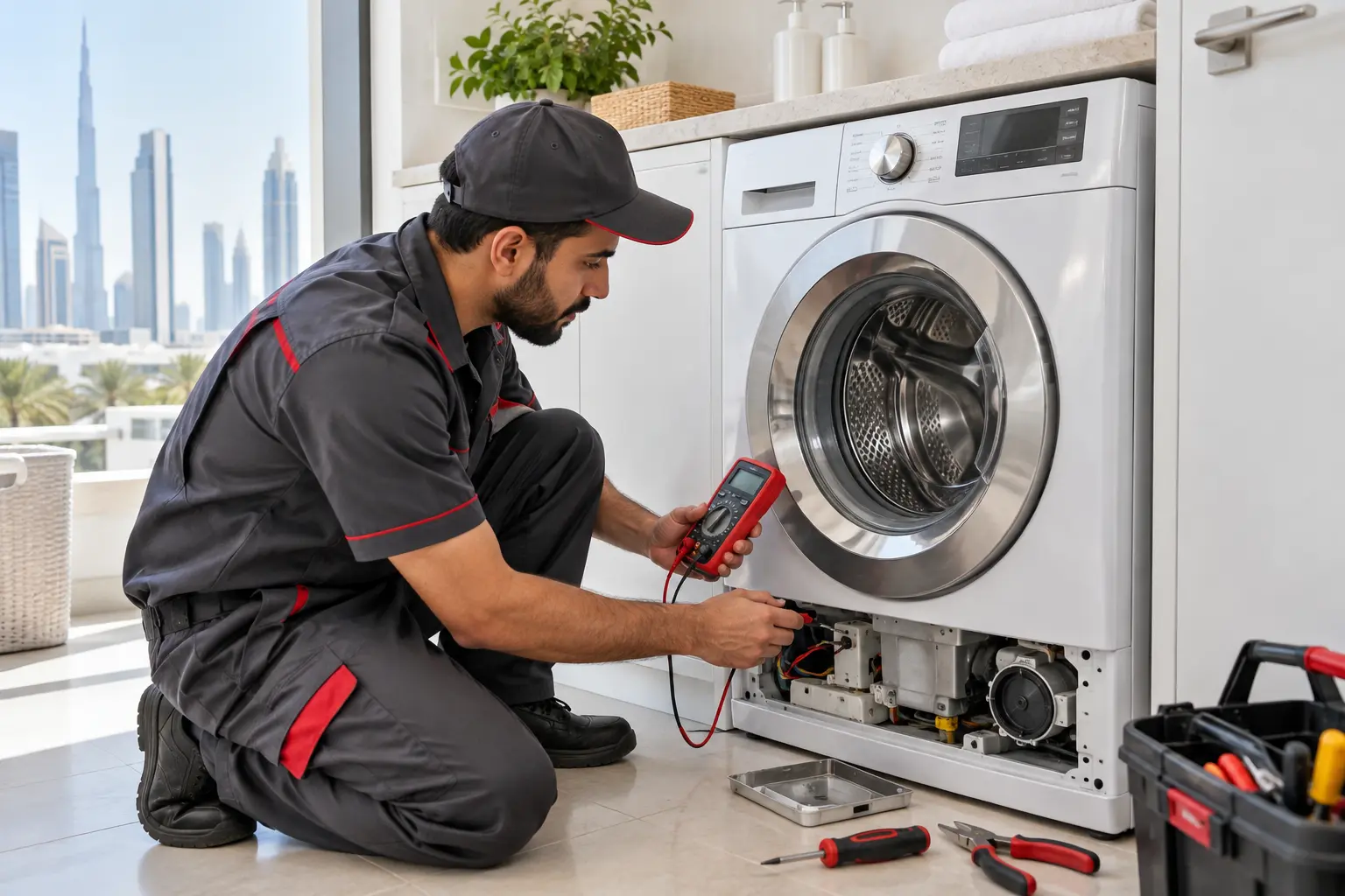 Washing machine diagnostic technician in a Dubai home