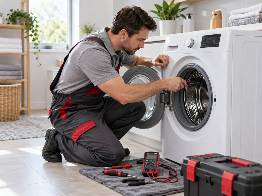 Technician repairing a front-load washing machine