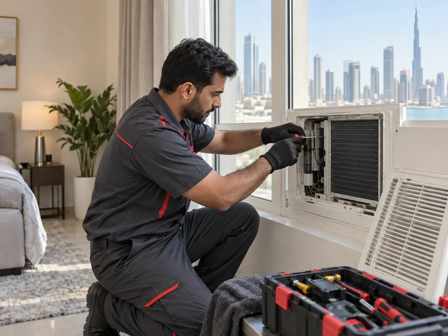 Window AC repair technician performing home-service diagnostics in Dubai
